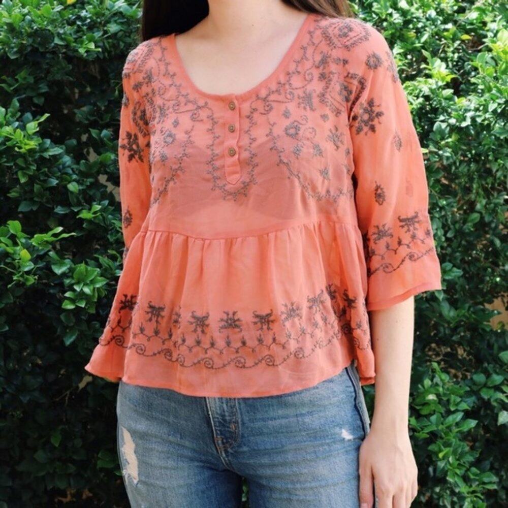 Free People Pennies Sequel Sheer Orange Embroidered Babydoll Blouse XS EUC